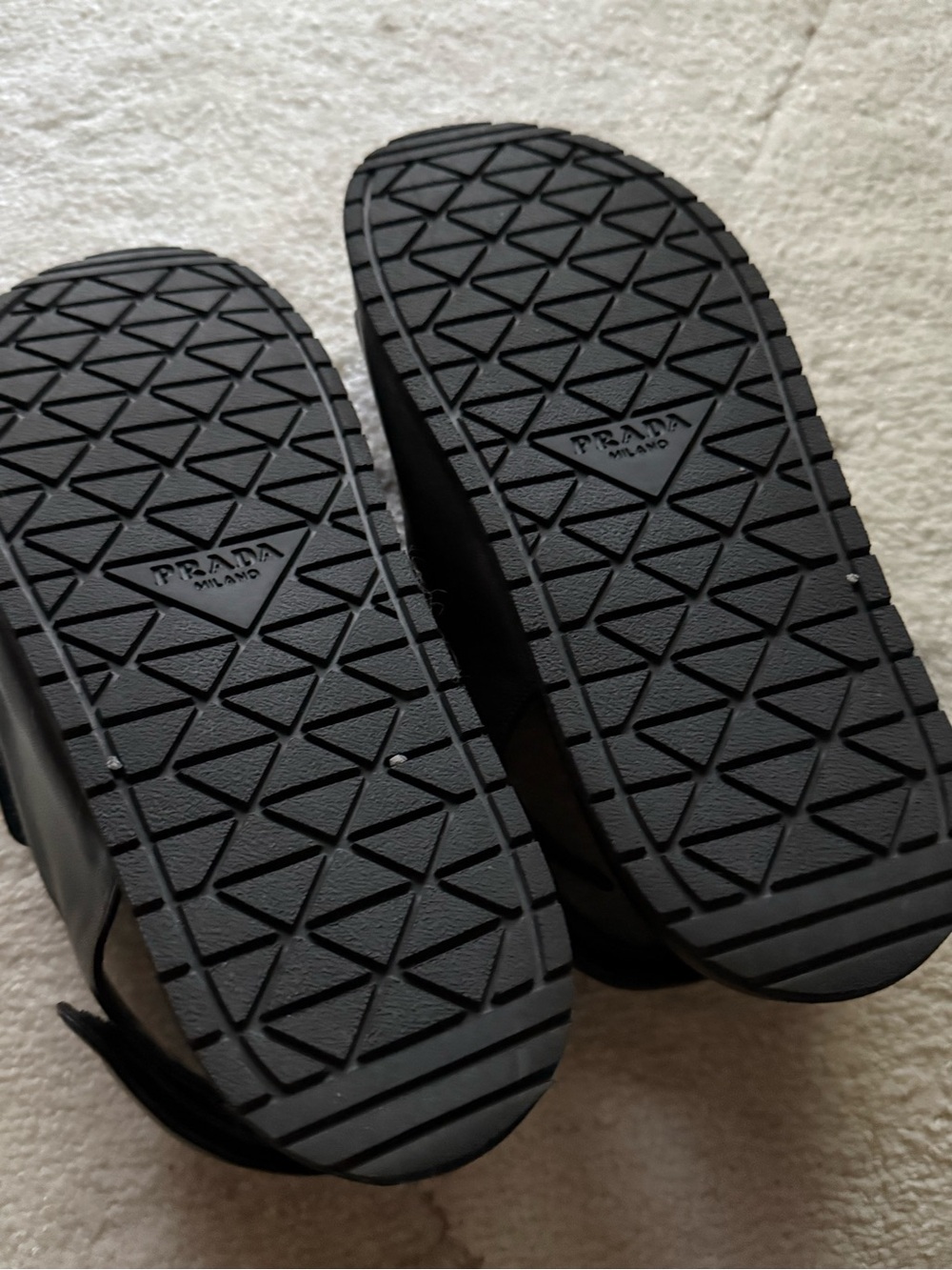 Prada Women’s Black Leather Dual-Strap Sandals with Gold Logo - Picture 6 of 8